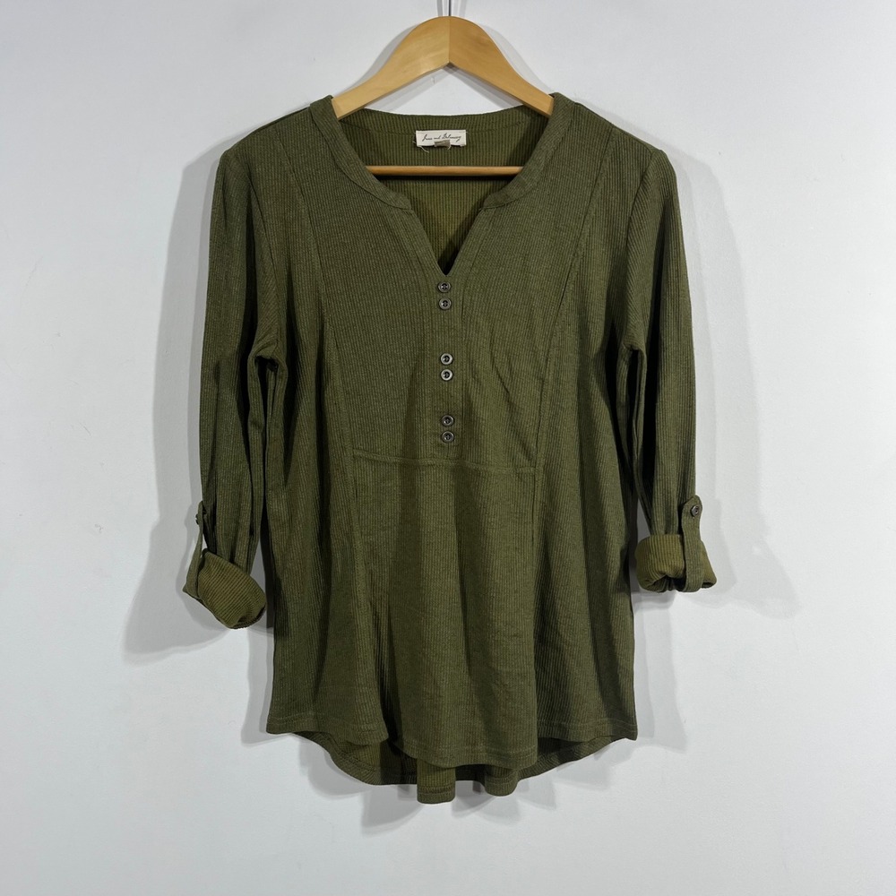 Jane Delancey Renfair Olive Green Ribbed Henley Top Womens Small Thermal Waffle